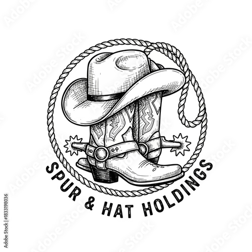 Western Cowboy Hat and Boots with Spurs Emblem.