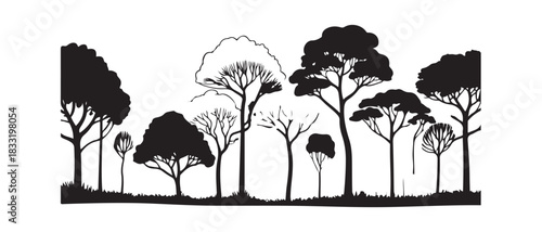 Diverse tree silhouettes in a forest landscape with grass on white background natural habitat illustration