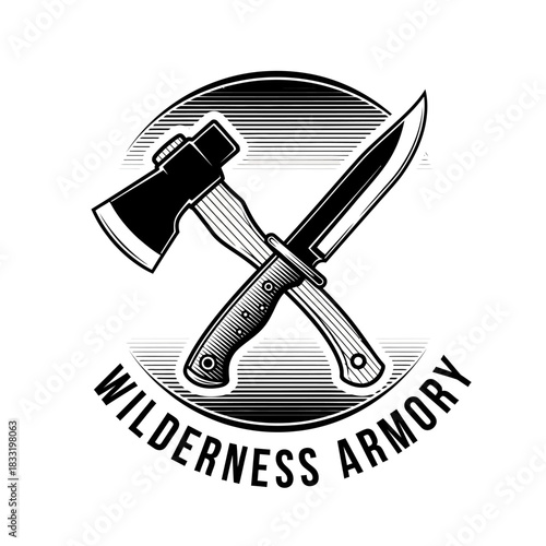 Wilderness Armory Logo with Crossed Axe and Knife Emblem.