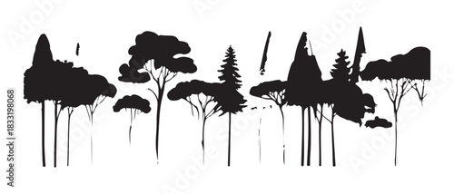 Abstract forest landscape silhouette with stylized trees and branches on a white background creative nature art
