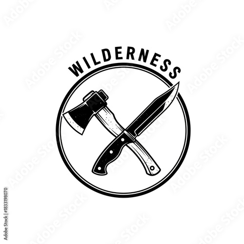 Wilderness adventure emblem with a crossed axe and survival knife.