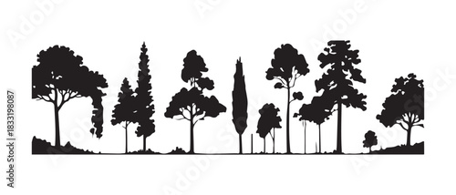 Tree silhouettes of various shapes and sizes forming a forest landscape on a clean white background banner design