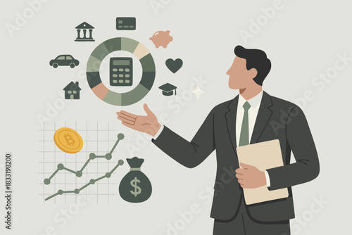 Financial advisor presenting investment growth strategy with cryptocurrency, real estate, and education planning for success