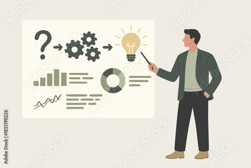 Business presentation showing problem solving leading to innovative ideas and business strategies with financial growth charts