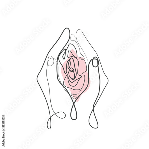 Hands Holding Vulva Flowers one line drawing. Hands Holding Vulva Flowers single line illustration. Hands Holding Vulva Flowers minimalist line art. Hands Holding Vulva Flowers vector art