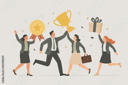 Dynamic team celebrates business victory, winning gold award and raising trophy and gift, exuding success and achievement