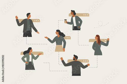 Team collaboration with connection diagram showing diverse professionals sharing ideas and working together effectively for success