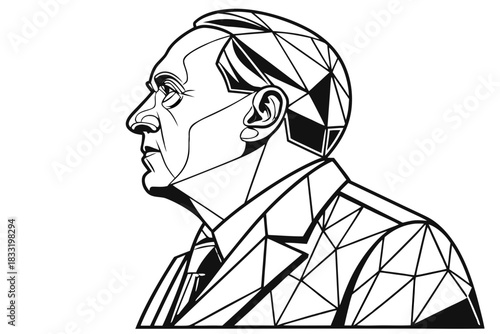 Geometric business leader portrait — angular face blocks, clean polygon shading, minimal poster vector, transparent background.