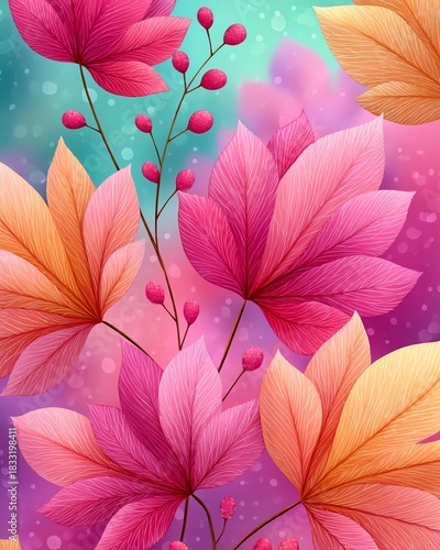 Vibrant Floral Fantasy: An eye-catching close-up shot of a unique, colorful blossoms and plant, bursting with bright hues and intricate textures