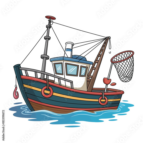 A colorful cartoon fishing boat with a net is sailing on blue water.