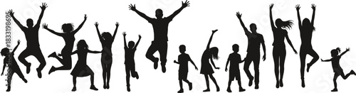 Silhouettes of people and children jumping with raised arms, joy, celebration, energy, freedom, happiness, playful movement, excitement