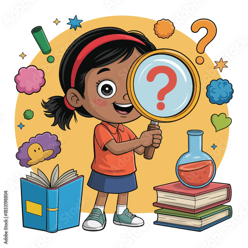 A curious child uses a magnifying glass to examine a question mark, symbolizing learning and discovery.