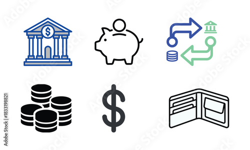 Financial icons representing banking savings money and transactions