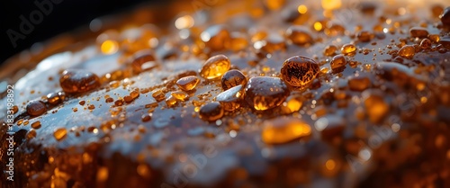 Golden liquid droplets shimmering intensely on a subtle textured surface with captivating light reflections. baltic amber