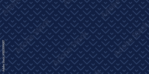 Vector geometric seamless pattern with lines, arrows, stylized fish scale grid. Subtle abstract minimal ornament. Elegant deep blue background texture. Repeating design for print, wallpaper, textile