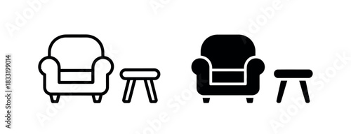 Two iconic chairs with small tables, one outlined and one filled in.