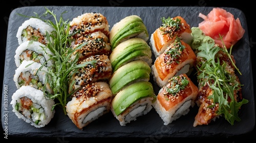 Wallpaper Mural A selection of sushi rolls with avocado, sesame, greens, and seafood arranged on a dark serving plate for a Japanese dining setup Torontodigital.ca