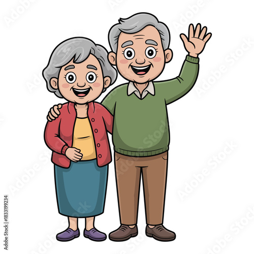 A happy elderly couple waves hello to the viewer with warm smiles.