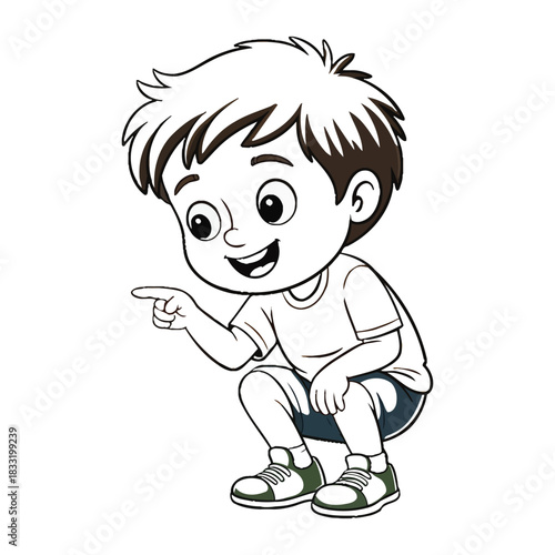 A cartoon boy pointing with his finger, his head turned to the side.