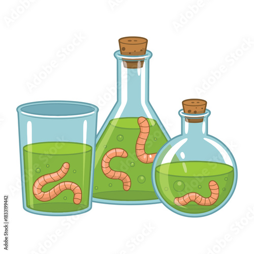 Glass and laboratory flasks contain green liquid with worms.