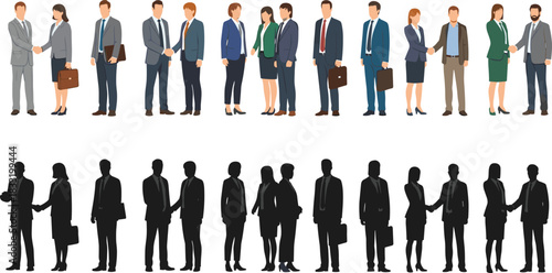 Diverse Group of Business People in Formal Corporate Attire Shaking Hands and Standing with Briefcases, Representing Partnership, Agreement, Success, and Professional Teamwork Vector 