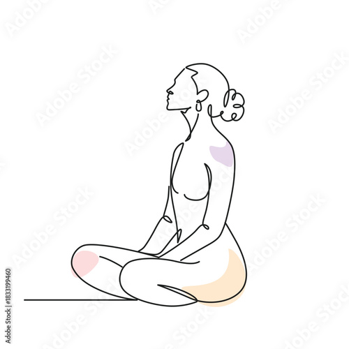 Woman sitting quietly starting to meditate one line drawing. Woman sitting quietly starting to meditate single line illustration. Woman sitting quietly starting to meditate minimalist line art