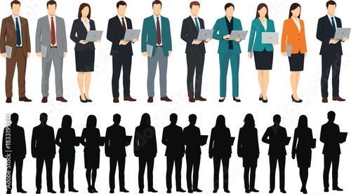 Diverse Group of Male and Female Business People in Formal Attire Standing with Laptops and Files, Corporate Team, Professional Staff, and Office Worker Full-Length Vector Illustration on 