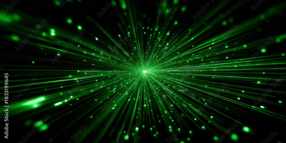 Naklejka premium Brilliant green light beams emanate from a central vanishing point against a dark background