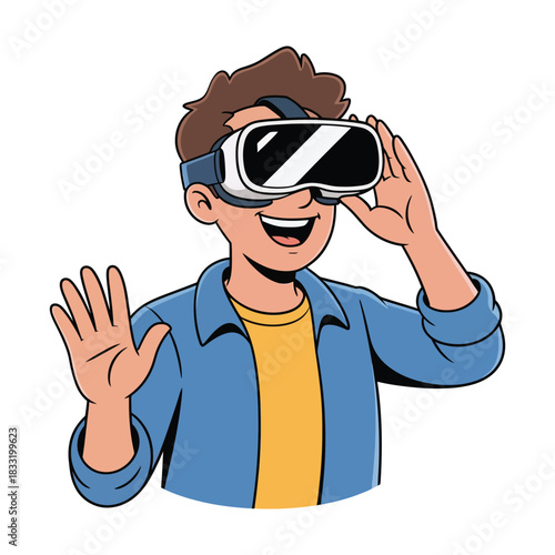 Young person wearing a virtual reality headset and waving hello.