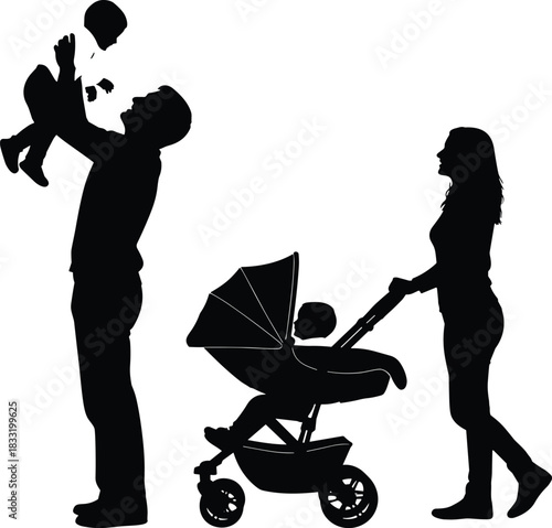 Happy family with two children black silhouettes, father holding baby high in the air, mother walking and pushing baby stroller, parenting and childhood vector illustration on white background.