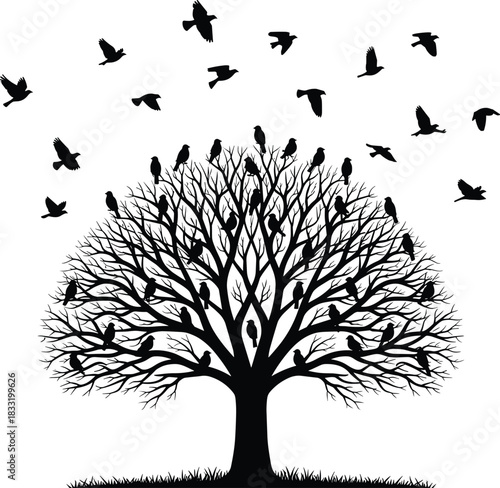 Flock of Flying Birds and Roosting Crows Silhouette on a Bare Winter Tree Vector Illustration, Nature, Freedom, and Wildlife Black and White Design Element Isolated on White Background.