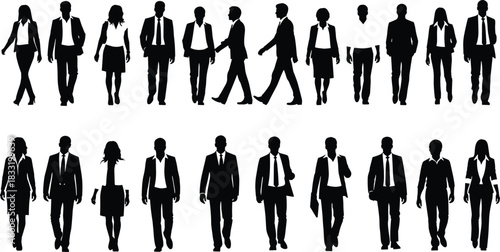 Large Collection of Walking and Standing Business People Silhouettes, Featuring Diverse Male and Female Corporate Professionals in Formal Attire, Vector Illustration Set for Office Staff and Human 
