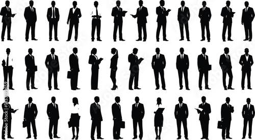 Large Collection of Corporate Business People Silhouettes, Featuring Male and Female Professionals in Formal Suits Standing with Briefcases and Folders, Vector Illustration