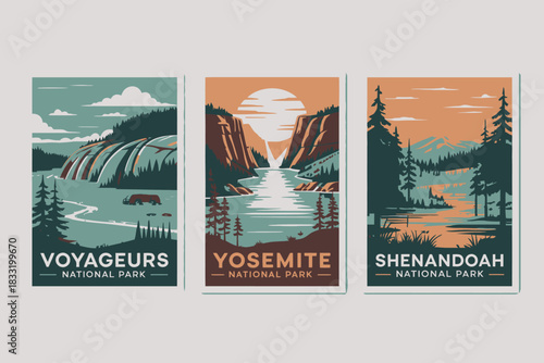 Three national park posters voyageurs yosemite and shenandoah illustrations on transparent background