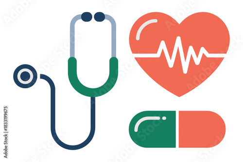 Illustration of a stethoscope heart with heartbeat line and a capsule on a white background
