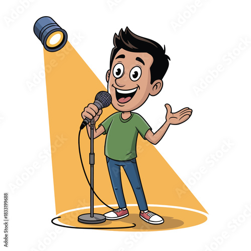 A young person stands on stage with a microphone under a spotlight.