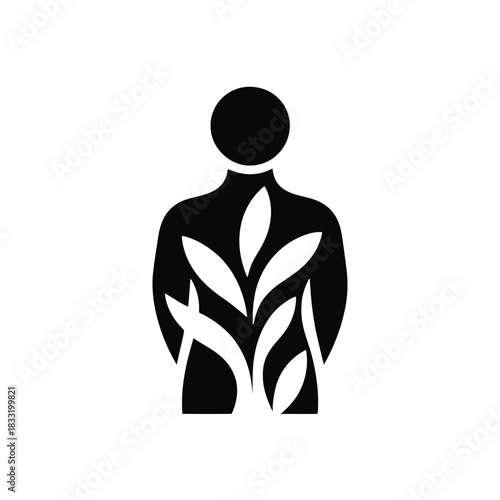 Black silhouette of a human torso with white leaf shapes growing from the center body