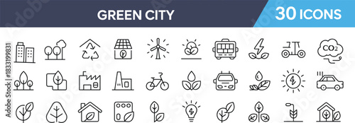 Green city eco icons illustrating sustainability, renewable energy, clean transportation, environmental protection, recycling, urban nature, climate awareness, ecological lifestyle, outline design