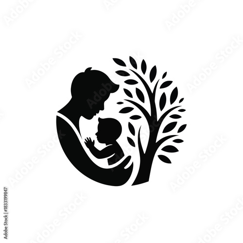 Black silhouette of a parent holding a baby next to a stylized tree with leaves child