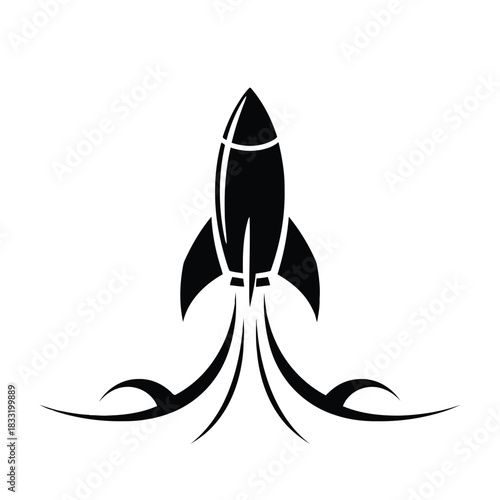 Black silhouette of a rocket ship launching with stylized flames and winglets on a white background spaceship