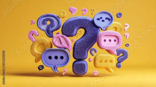 Colorful question marks, speech bubbles