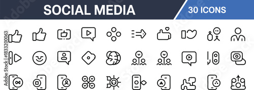 Social media icons set featuring communication, engagement, interaction, online community, sharing, messaging, digital content, followers, reactions, networking, outline style, modern design