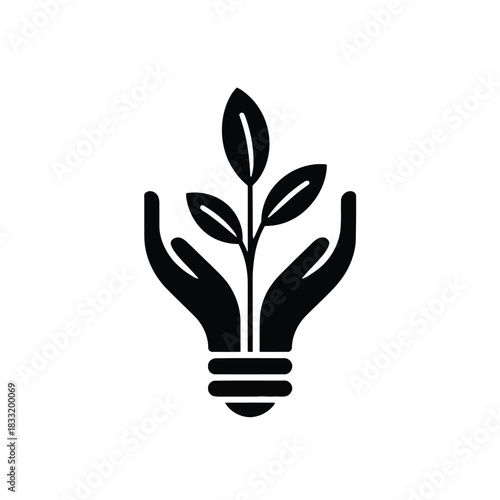 Black silhouette of hands cradling a sprouting plant emerging from a lightbulb vector