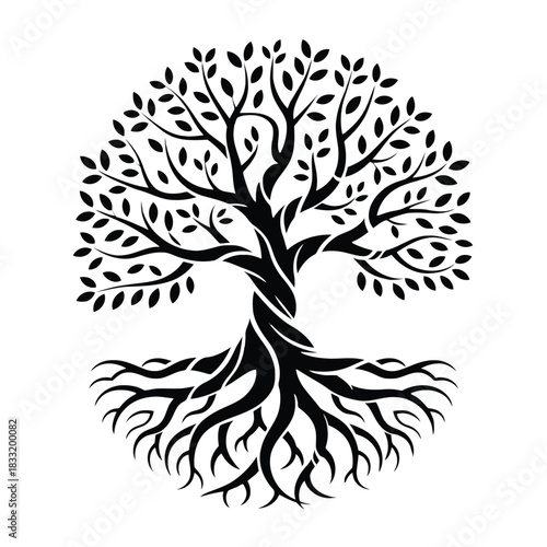Black stylized tree of life with swirling trunk and roots on white background branches