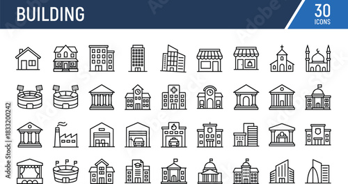 Building icons set showcasing residential homes, commercial shops, religious landmarks, public institutions, industrial structures, modern architecture, city infrastructure, outline style graphics