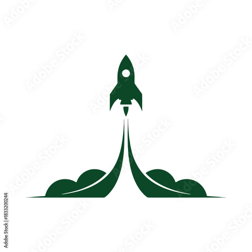 Dark green rocket ship launching with stylized smoke trails on white background spaceship takeoff