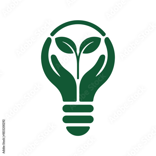 Green hands cradling a sprouting plant inside a lightbulb shape vector