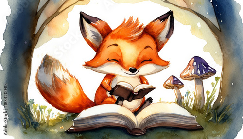 Watercolor illustration of a tiny fox reading a book under a glowing mushroom, soft pastel colors, dreamy children’s storybook style