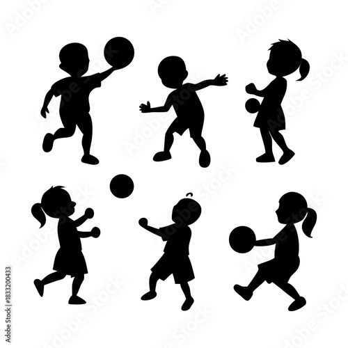 Collection of six black silhouette icons depicting diverse young children playing actively with balls, for easy graphic use