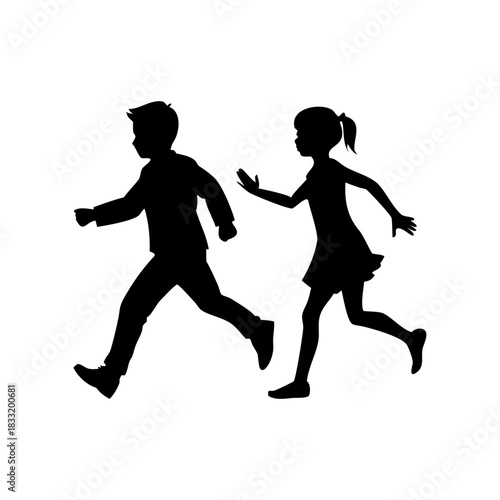 Silhouette of a young boy and girl running together in motion, depicting childhood activity, play, or movement